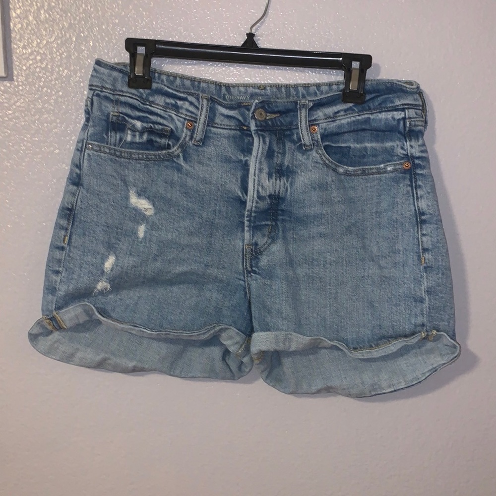Old Navy blue lightly distressed O.G. Straight Secret smooth pockets jean shorts